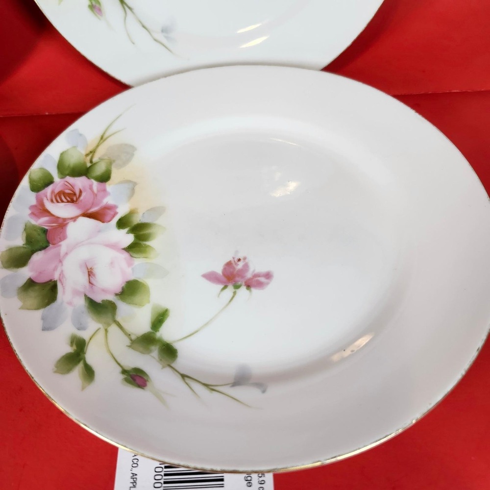 Vintage Hand Painted Nippon Plates Set of 4 Pink Roses Gold Rim Dining